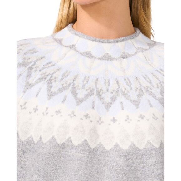 CeCe Women's Fair Isle Long Sleeve Mock Neck Sweater Light Heather Grey SIze M - Picture 2 of 3